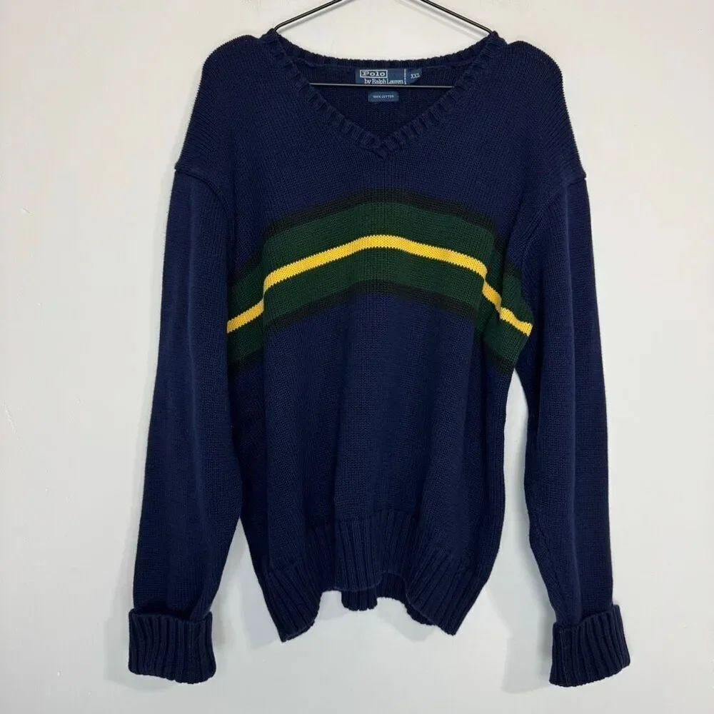 Polo Ralph Lauren Cotton V Neck Stripe Sweater XL